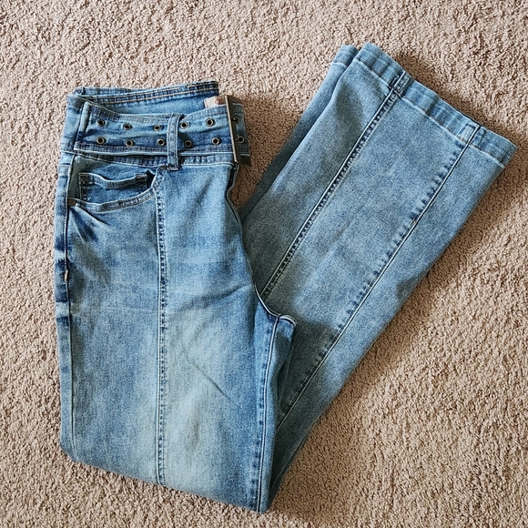 Y2K chunky belted stretch flare jeans center seam vintage denim juniors 11 - Picture 2 of 7